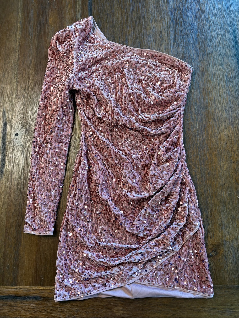 One-Shoulder Blush Pink Sequin Velvet Dress